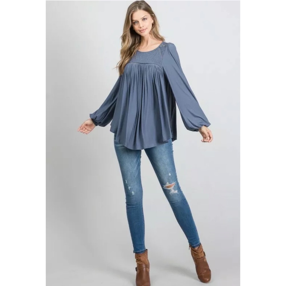 SOLD OUT Steel Blue Modal Long Sleeve Smocked Lace Tunic - Picture 4 of 6
